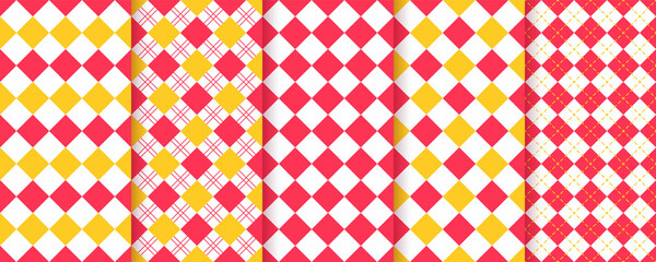 Checkered lozenge seamless pattern. Argyle diamond backgrounds. Vector illustration. Diagonal plaid textures. Set rhombus prints. Modern geometric backdrop.