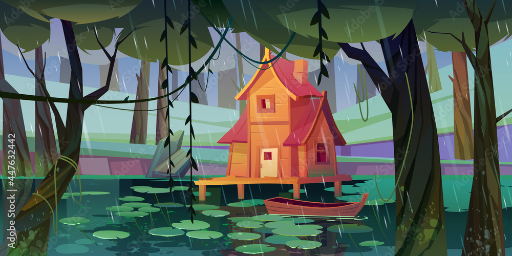 Stilt house at forest swamp with wooden boat. - obrazy, fototapety, plakaty 
