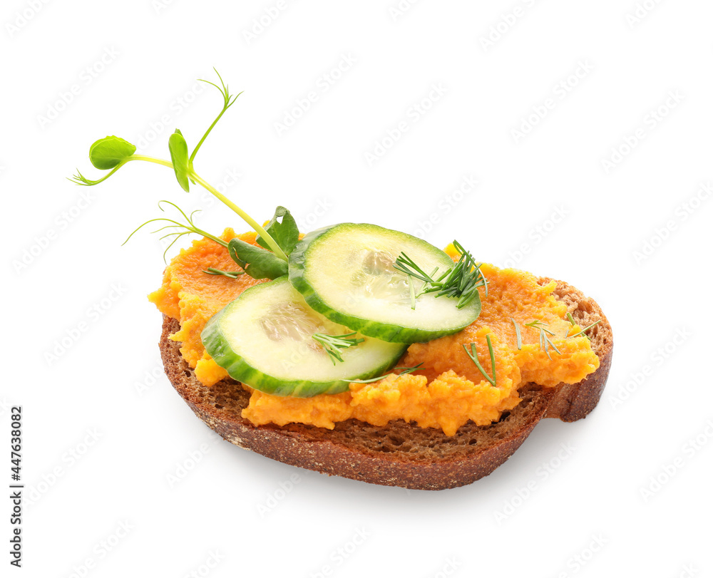 Tasty bruschetta with cucumber on white background