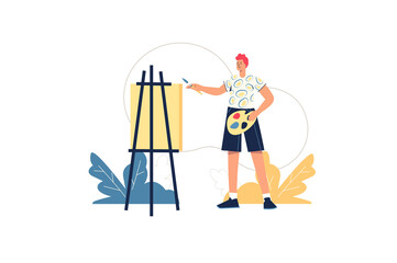 Creative workers web concept. Artist paints picture on canvas. Man with paints and brush learns to draw, art studio lesson, hobby minimal people scene. Vector illustration in flat design for website