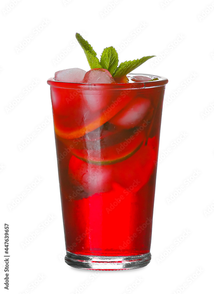 Glass of tasty cold ice tea on white background
