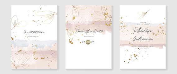 Poster - Abstract art background vector. Luxury invitation card background with golden line art and Watercolor brush texture. Vector invite design for wedding and vip cover template.