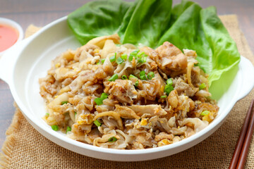 Stir fried rice noodles with chicken -  Thai food called Kuay Teow Kua Gai at close up view