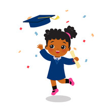 Cute African Girl Celebrate Graduation With Confetti. Flat Vector Cartoon Design