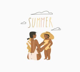 Sticker - Hand drawn vector abstract stock graphic summer time cartoon,minimalistic style illustrations with bohemian beautiful mom and daughter sunbathes and sitting on the beach,isolated on white background.