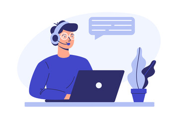 Wall Mural - customer support services. a man with headphones and a microphone sits at a laptop. concept illustra