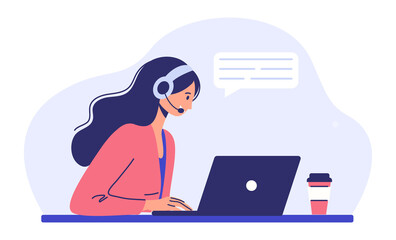 Wall Mural - customer support services. a woman with headphones and a microphone sits at a laptop. concept illust