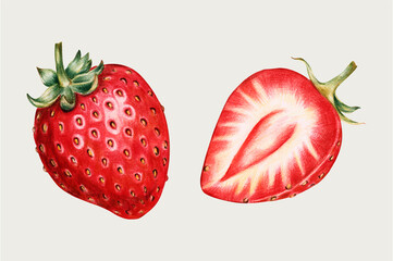 Wall Mural - Strawberry vintage hand-drawn vector in color-pencil