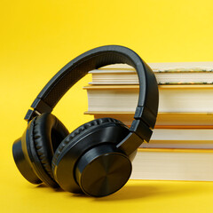 Headphones and books on vibrant color yellow background. Listen to books audiobook concept.