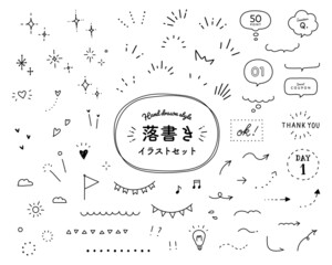 Wall Mural - 色々な落書きイラストのセット　手描き　アイコン　飾り　装飾　吹き出し　ハート　星　キラキラ　線