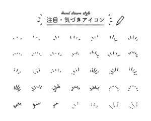Wall Mural - 注目・気づきアイコンのセット　手描き　イラスト　マーク　ひらめき　ひらめく　集中　線　飾り　装飾