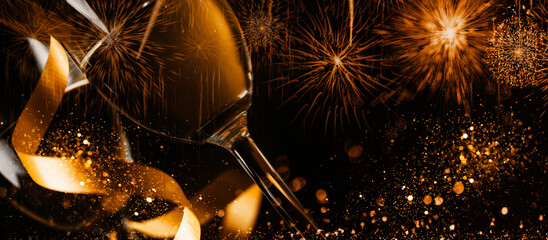 Two champagne glasses with golden ribbon and gold glitter splash bokeh on dark background. Luxury restaurant dinner celebration. Classy christmas and new year holiday panoramic design banner.