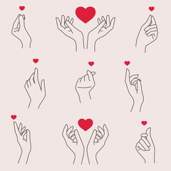 Set of women's hand making fingers gesture small red heart. Asian sign of love, Korean symbol mini heart. Vector outline illustration