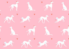 Grayhound In Different Poses, Dog Silhouettes On Pink Background. Romantic Seamless Pattern, French Style Texture. Elegant Dogs On Datings.