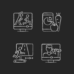 Wall Mural - Online fitness coach chalk white icons set on dark background. Balanced diet. Wellness degree. Virtual jogging marathon. Home sport classes. Isolated vector chalkboard illustrations on black