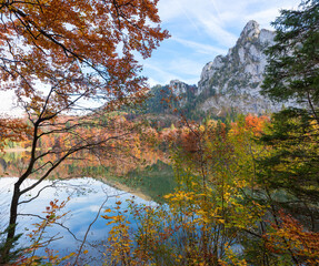 Wall Mural - idyllic autumnal scenery lake Laudachsee Grunberg, view to Katzenstein mountain, austria