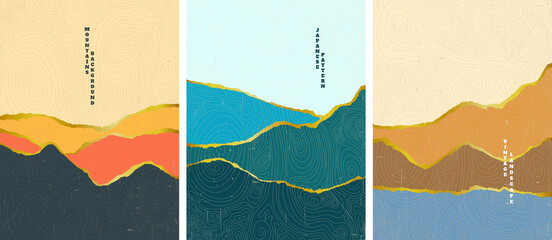 vector illustration landscape. boho grunge wall art concept. hills, seascape, mountains. japanese wa