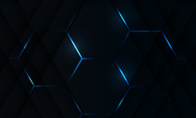 Black hexagon abstract gaming vector background with light blue colored bright flashes. Vector illustration