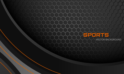 Dark gray abstract sports vector background with hexagon carbon fiber and orange lines. Futuristic modern sporty gaming banner. Vector illustration.