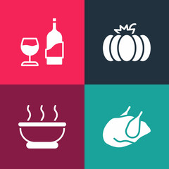 Poster - Set pop art Roasted turkey or chicken, Bowl of hot soup, Pumpkin and Wine bottle with glass icon. Vector