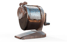 A Rusty Dirty Old Vintage Antique Vacuum Mounted Hand Powered Pencil Sharpener Isolated On White With Room 3d Render