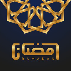 Wall Mural - Ramadan Greetings card with gold Kufic modern calligraphy on dark blue background. Vector illustration. 