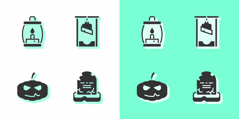 Poster - Set Tombstone with RIP written, Camping lantern, Pumpkin and Guillotine icon. Vector