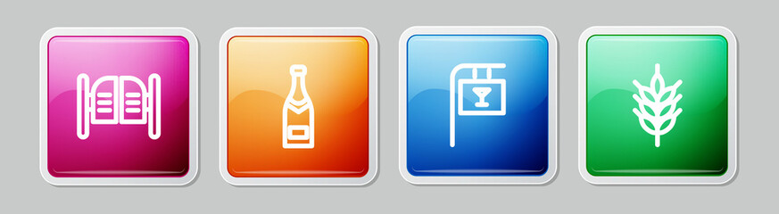 Sticker - Set line Saloon door, Champagne bottle, Street signboard with Bar and Hop. Colorful square button. Vector