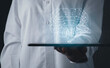 © The KonG - Artificial intelligence of futuristic technology concept. Hand using a finger touch on tablet screen virtual circuit AI brain genius technology in blue background.