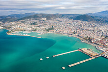 Turkey, Aydin, Kusadasi, Aerial View Of Sea And City