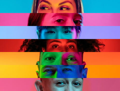collage of close-up male and female eyes isolated on colored neon backgorund. multicolored stripes. 