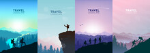 Man Watches Nature, Climbing To Top, Friends Going Hike, Support Of Friends. Landscapes Set. Travel Concept Of Discovering, Exploring, Observing Nature. Hiking. Adventure Tourism. Vector Illustration