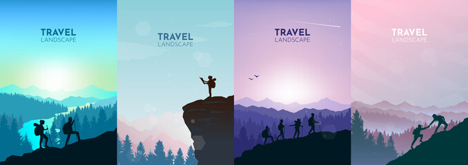 Man watches nature, climbing to top, friends going hike, support of friends. Landscapes set. Travel concept of discovering, exploring, observing nature. Hiking. Adventure tourism. Illustrations set