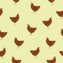 Seamless Pattern Brown Hen On Yellow Background In Vintage Style, Vector Eps 10