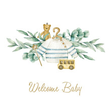 Watercolor Illustration Card Welcome Baby With Eucalyptus Bouquet, Baby Sweater, Toys. Isolated On White Background. Hand Drawn Clipart. Perfect For Card, Postcard, Tags, Invitation, Printing.