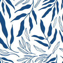 Minimalist Abstract Floral Seamless Pattern With Blue Branch And Leaves On White Background. Simple Vector Backdrop. Modern Trendy Artistic Texture.