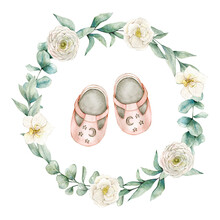 Watercolor Illustration Card With Eucalyptus Wreath And Pink Baby Shoes. Isolated On White Background. Hand Drawn Clipart. Perfect For Card, Postcard, Tags, Invitation, Printing, Wrapping.
