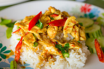 Chicten Stir Fried Chili with kaffir lime leaves and lentils over rice for a delicious lunch.Food Thai