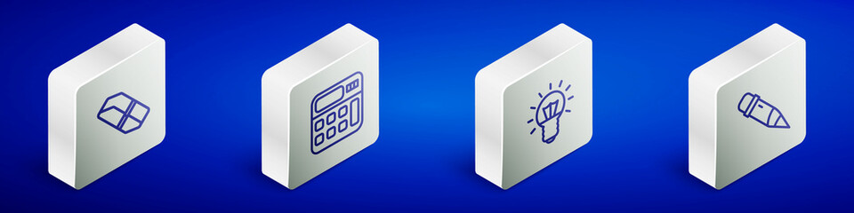 Sticker - Set Isometric line Eraser or rubber, Calculator, Light bulb and Pencil with eraser icon. Vector