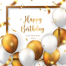 Elegant 3D Realistic Golden White Ballon And Square Frame Party Popper Ribbon Happy Birthday Celebration Card Banner