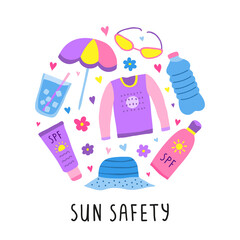 Doodle sun safety icons in circle.