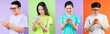 © 1112000 - Collage of asian people using mobile phones and isolated on multicolor background