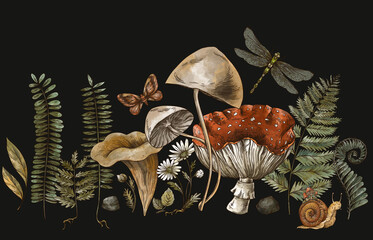 Wall Mural - Woodland treasures, Amanita mushroom, fern, forest plants baner.