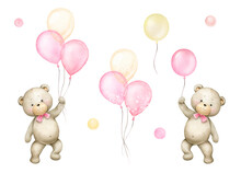 Cute Little Bears Girls With Pink And Gold Air Balloons.Watercolor Illustration For Baby Girl Shower Invitation Isolated On White Background.