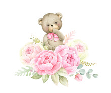 Newborn Baby Bear With Pink Flowers And Green Leeves.Watercolor Illustration Isolated On White Background....
