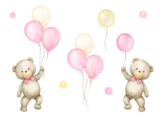 cute little bears girls with pink and gold air balloons.watercolor illustration for baby girl shower