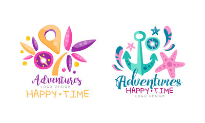 Wall Mural - Adventures Happy Time Logo Design Set Hand Drawn Labels Badges Vector Illustration