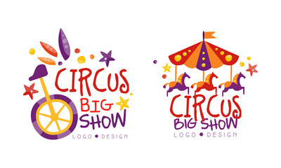Wall Mural - Big Circus Show Logo Design Set Hand Drawn Labels Badges Vector Illustration