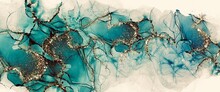Luxury Alcohol Ink Background With Turquoise Accent And Gold Design Paths, Golden Glitter, Metal Vines, Liquid Texture, Fluid Decoration For Print, Modern Wallpaper
