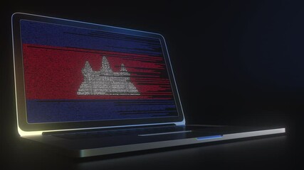 Open laptop and computer code on the screen composing flag of Cambodia. Modern information technology related 3d animation